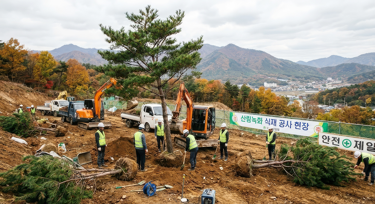 나무를 심는 식재공사 현장